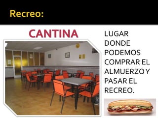 LUGAR
DONDE
PODEMOS
COMPRAR EL
ALMUERZOY
PASAR EL
RECREO.
 