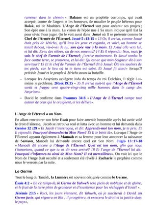 ramener dans le chemin ». Balaam est un prophète corrompu, qui avait
accepté, contre de l'argent et les honneurs, de maudire le peuple hébreux pour
Balak, roi de Moabites. L'Ange de l’Éternel sort pour anéantir ses projets ;
Son épée nue à la main. La vision de l'épée nue à Sa main indique qu'il Est là
pour sévir. Pour juger. On le voit aussi dans Josué où Il se présente comme le
Chef de l'Armée de l’Éternel. Josué 5 :13-15 « 13 Or, il arriva, comme Josué
était près de Jéricho, qu’il leva les yeux et regarda, et voici, un homme se
tenait debout, vis-à-vis de lui, son épée nue à la main. Et Josué alla vers lui,
et lui dit: Es-tu des nôtres, ou de nos ennemis? 14 Et il répondit: Non, mais je
suis le chef de l’armée de l’Éternel; j’arrive maintenant. Et Josué tomba la
face contre terre, se prosterna, et lui dit: Qu’est-ce que mon Seigneur dit à son
serviteur? 15 Et le chef de l’armée de l’Éternel dit à Josué: Ôte tes souliers de
tes pieds; car le lieu où tu te tiens est saint. Et Josué fit ainsi» lorsqu'Il
précède Josué et le peuple à Jéricho avant la bataille.
– Lorsque les Assyriens assiègent Juda du temps du roi Ézéchias, Il règle Lui-
même le problème. 2Rois:19:35 « 35 Il arriva nuit-là que l’Ange de l’Éternel
sortit et frappa cent quatre-vingt-cinq mille hommes dans le camp des
Assyriens».
– David le confirme dans Psaumes 34:8 « L’Ange de L’Éternel campe tout
autour de ceux qui le craignent, et les délivre».
L'Ange de l'éternel a un Nom.
En allant rencontrer son frère Esaü pour faire amende honorable après lui avoir volé
le droit d’aînesse, Jacob se retrouva seul et lutta avec un homme et lui demanda dans
Genèse 32 :29 « Et Jacob l’interrogea, et dit: Apprends-moi ton nom, je te prie. Et
Il répondit: Pourquoi demandes-tu Mon Nom? Et Il le bénit là». Lorsque l’Ange de
l’Éternel apparut également à Manoah et sa femme pour leur annoncer la naissance
de Samson, Manoah lui demande encore quel est Son Nom. Juges 13 :17-18
« Manoah dit encore à l’Ange de l’Éternel: Quel est ton nom, afin que nous
t’honorions, quand ce que tu as dit sera arrivé? 18 Et l’ange de l’Éternel lui dit:
Pourquoi t’informes-tu ainsi de Mon Nom? Il est merveilleux». On voit ici que le
Nom de l'Ange était occulté et a seulement été révélé à Zacharie le prophète comme
nous le verrons par la suite.
Le Germe
Tout le long du Tanakh, la Lumière est souvent désignée comme le Germe.
Ésaïe 4:2 « En ce temps-là, le Germe de Yahweh sera plein de noblesse et de gloire,
et le fruit de la terre plein de grandeur et d’excellence pour les réchappés d’Israël ».
Jérémie 23:5 « Voici, les jours viennent, dit Yahweh, où je susciterai à David un
Germe juste, qui régnera en Roi ; il prospérera, et exercera le droit et la justice dans
le pays»,
 