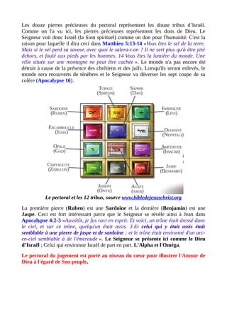 Les douze pierres précieuses du pectoral représentent les douze tribus d’Israël.
Comme on l'a vu ici, les pierres précieuses représentent les dons de Dieu. Le
Seigneur voit donc Israël (la Sion spirituel) comme un don pour l'humanité. C'est la
raison pour laquelle il dira ceci dans Matthieu 5:13-14 «Vous êtes le sel de la terre.
Mais si le sel perd sa saveur, avec quoi le salera-t-on ? Il ne sert plus qu'à être jeté
dehors, et foulé aux pieds par les hommes. 14 Vous êtes la lumière du monde. Une
ville située sur une montagne ne peut être cachée ». Le monde n'a pas encore été
détruit à cause de la présence des chrétiens et des juifs. Lorsqu'ils seront enlevés, le
monde sera recouverts de ténèbres et le Seigneur va déverser les sept coupe de sa
colère (Apocalypse 16).
Le pectoral et les 12 tribus, source www.bibledejesuschrist.org
La première pierre (Ruben) est une Sardoine et la dernière (Benjamin) est une
Jaspe. Ceci est fort intéressant parce que le Seigneur se révèle ainsi à Jean dans
Apocalypse 4:2-3 «Aussitôt, je fus ravi en esprit. Et voici, un trône était dressé dans
le ciel, et sur ce trône, quelqu'un était assis. 3 Et celui qui y était assis était
semblable à une pierre de jaspe et de sardoine ; et le trône était environné d'un arc-
en-ciel semblable à de l'émeraude ». Le Seigneur se présente ici comme le Dieu
d’Israël ; Celui qui environne Israël de part en part. L'Alpha et l'Oméga.
Le pectoral du jugement est porté au niveau du cœur pour illustrer l'Amour de
Dieu à l'égard de Son peuple.
 
