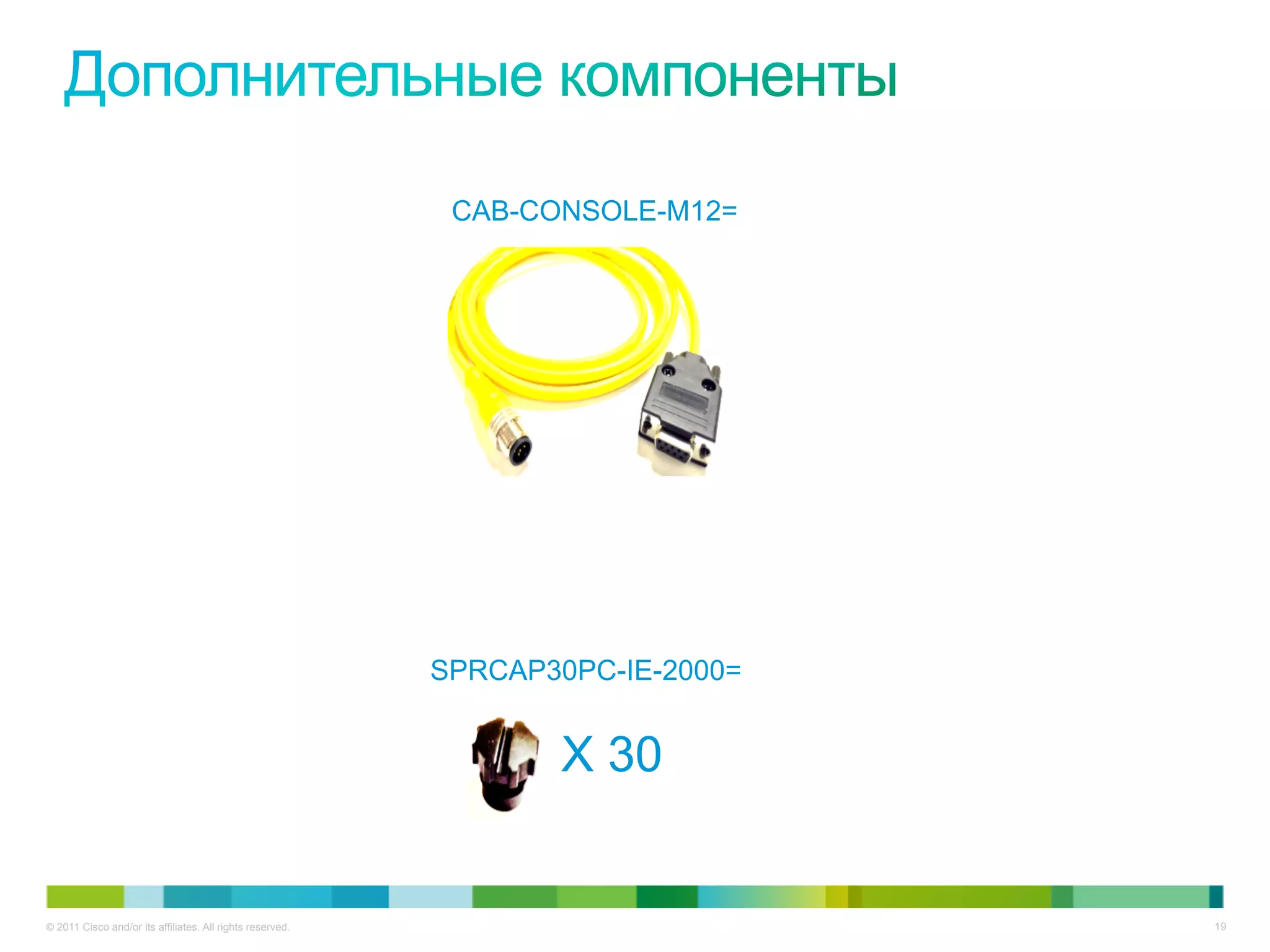 © 2011 Cisco and/or its affiliates. All rights reserved. 19
SPRCAP30PC-IE-2000=
CAB-CONSOLE-M12=
X 30
 