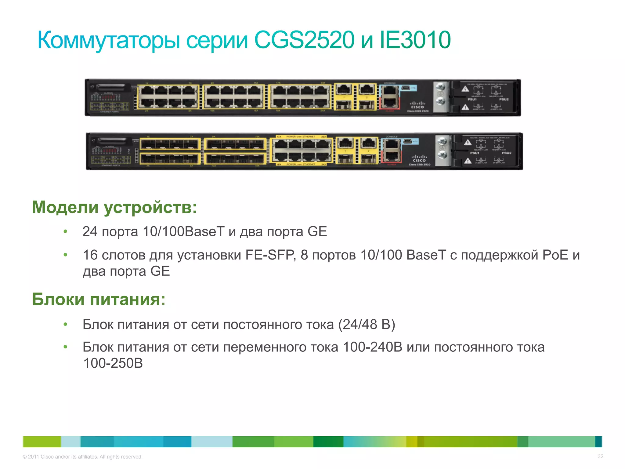 © 2011 Cisco and/or its affiliates. All rights reserved. 32
Модели устройств:
•  24 порта 10/100BaseT и два порта GE
•  16 слотов для установки FE-SFP, 8 портов 10/100 BaseT с поддержкой PoE и
два порта GE
Блоки питания:
•  Блок питания от сети постоянного тока (24/48 В)
•  Блок питания от сети переменного тока 100-240В или постоянного тока
100-250В
 