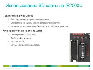 © 2011 Cisco and/or its affiliates. All rights reserved. 12
1212
Технология SwapDrive:
•  Быстрая замена устройства при аварии;
•  Для замены не нужны знания сетевых технологий;
•  Наличие карты памяти необходимо для работы устройства.
Что хранится на карте памяти:
•  Две версии ПО Cisco IOS;
•  Файл конфигурации;
•  База VLAN’ов;
•  Другие настройки устройства.
 