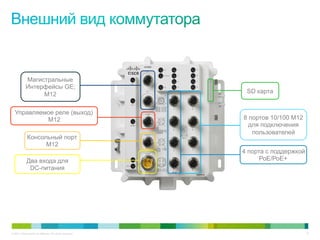 © 2011 Cisco and/or its affiliates. All rights reserved. 17
Магистральные
Интерфейсы GE;
М12
Консольный порт
М12
Управляемое реле (выход)
М12 8 портов 10/100 М12
для подключения
пользователей
Два входа для
DC-питания
SD карта
4 порта с поддержкой
РоЕ/РоЕ+
 