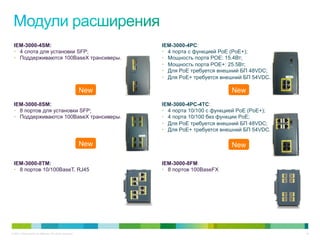 © 2011 Cisco and/or its affiliates. All rights reserved. 24
IEM-3000-4SM:
•  4 слота для установки SFP;
•  Поддерживаются 100BaseX трансиверы.
IEM-3000-4PC:
•  4 порта с функцией PoE (PoE+);
•  Мощность порта POE: 15.4Вт;
•  Мощность порта POE+: 25.5Вт;
•  Для PoE требуется внешний БП 48VDC;
•  Для PoE+ требуется внешний БП 54VDC.
IEM-3000-8SM:
•  8 портов для установки SFP;
•  Поддерживаются 100BaseX трансиверы.
IEM-3000-4PC-4TC:
•  4 порта 10/100 с функцией PoE (PoE+);
•  4 порта 10/100 без функции PoE;
•  Для PoE требуется внешний БП 48VDC;
•  Для PoE+ требуется внешний БП 54VDC.
IEM-3000-8TM:
•  8 портов 10/100BaseT, RJ45
IEM-3000-8FM:
•  8 портов 100BaseFX
New
New New
New
 
