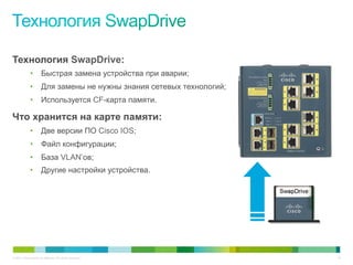 © 2011 Cisco and/or its affiliates. All rights reserved. 30
Технология SwapDrive:
•  Быстрая замена устройства при аварии;
•  Для замены не нужны знания сетевых технологий;
•  Используется CF-карта памяти.
Что хранится на карте памяти:
•  Две версии ПО Cisco IOS;
•  Файл конфигурации;
•  База VLAN’ов;
•  Другие настройки устройства.
 