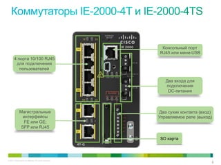 © 2011 Cisco and/or its affiliates. All rights reserved. 6
66
Магистральные
интерфейсы
FE или GE;
SFP или RJ45
Консольный порт
RJ45 или мини-USB
Два сухих контакта (вход)
Управляемое реле (выход)
4 порта 10/100 RJ45
для подключения
пользователей
Два входа для
подключения
DC-питания
SD карта
 
