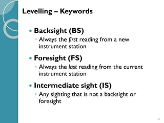 19
 Backsight (BS)
◦ Always the first reading from a new
instrument station
 Foresight (FS)
◦ Always the last reading from the current
instrument station
 Intermediate sight (IS)
◦ Any sighting that is not a backsight or
foresight
Levelling – Keywords
 