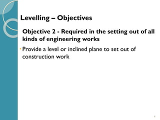 6
Objective 2 - Required in the setting out of all
kinds of engineering works
Provide a level or inclined plane to set out of
construction work
Levelling – Objectives
 