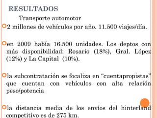 Transporte automotor
2 millones de vehículos por año. 11.500 viajes/día.
en 2009 había 16.500 unidades. Los deptos con
más disponibilidad: Rosario (18%), Gral. López
(12%) y La Capital (10%).
la subcontratación se focaliza en “cuentapropistas”
que cuentan con vehículos con alta relación
peso/potencia
la distancia media de los envíos del hinterland
competitivo es de 275 km.
RESULTADOS
 