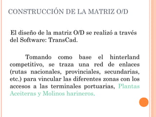 CONSTRUCCIÓN DE LA MATRIZ O/D
El diseño de la matriz O/D se realizó a través
del Software: TransCad.
Tomando como base el hinterland
competitivo, se traza una red de enlaces
(rutas nacionales, provinciales, secundarias,
etc.) para vincular las diferentes zonas con los
accesos a las terminales portuarias, Plantas
Aceiteras y Molinos harineros.
 