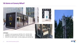 British Telecommunications plc 2018
5G demo at Canary Wharf
21
Highlights
• 1.3Gbps to test equipment (30 MHz LTE + 40 MHz NR)
• 600Mbps to Huawei 5G CPE (5 MHz LTE + 40 MHz NR)
• 4T4R LTE (15 MHz 2100 + 15 MHz 2600) with 64T64R NR
 