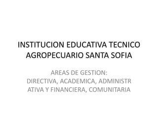 INSTITUCION EDUCATIVA TECNICO AGROPECUARIO SANTA SOFIA  AREAS DE GESTION: DIRECTIVA, ACADEMICA, ADMINISTRATIVA Y FINANCIERA, COMUNITARIA   
