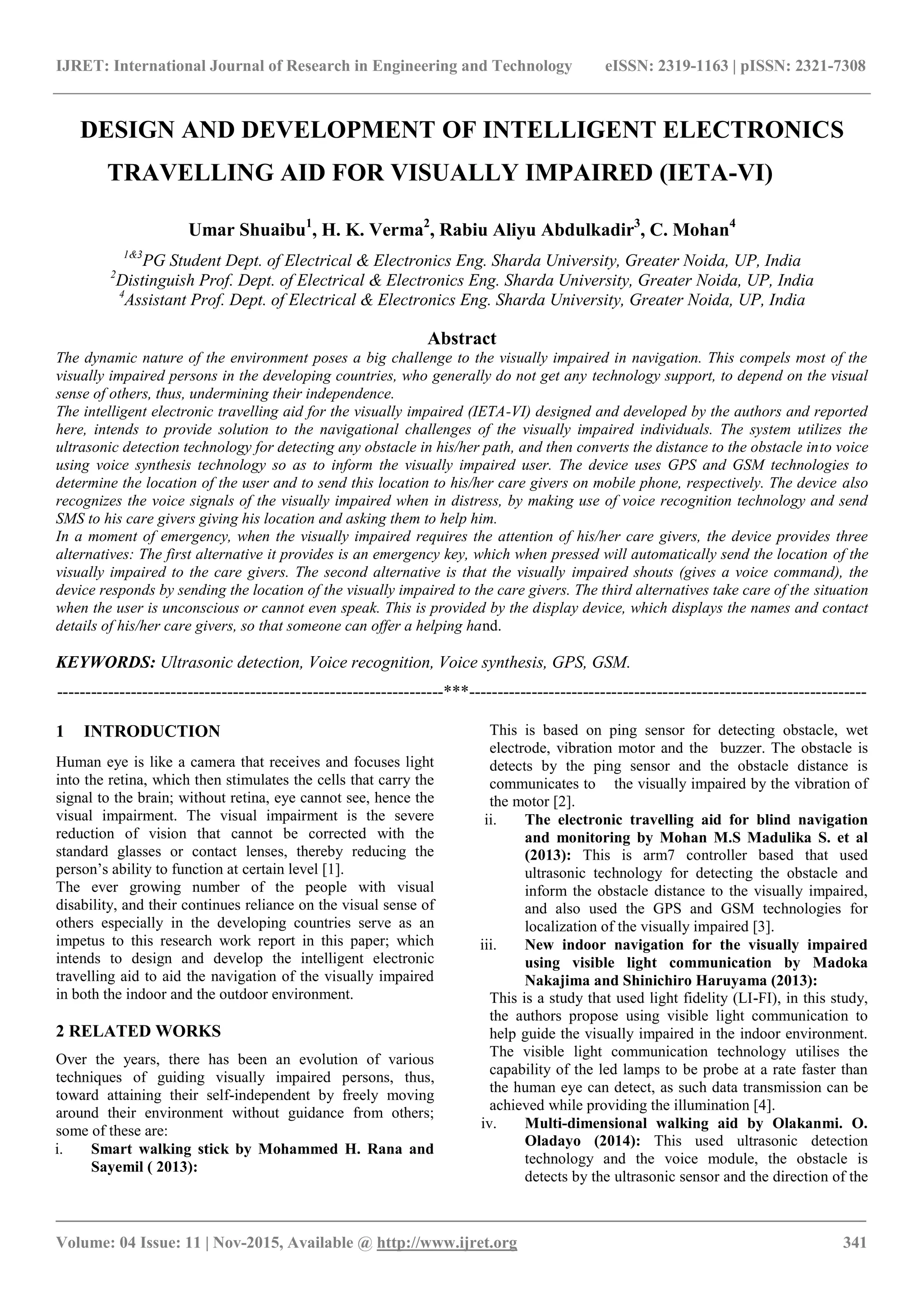 Intelligent travelling and home automation aid, for visually impaired PDF