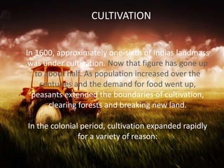 In 1600, approximately one-sixth of Indias landmass
was under cultivation. Now that figure has gone up
to about half. As population increased over the
centuries and the demand for food went up,
peasants extended the boundaries of cultivation,
clearing forests and breaking new land.
In the colonial period, cultivation expanded rapidly
for a variety of reason:
CULTIVATION
 