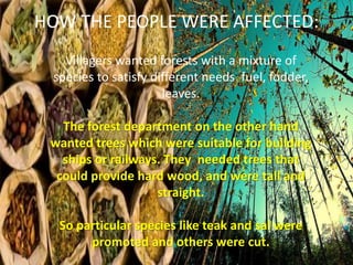 HOW THE PEOPLE WERE AFFECTED:
Villagers wanted forests with a mixture of
species to satisfy different needs fuel, fodder,
leaves.
The forest department on the other hand
wanted trees which were suitable for building
ships or railways. They needed trees that
could provide hard wood, and were tall and
straight.
So particular species like teak and sal were
promoted and others were cut.
 