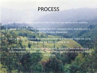 PROCESS
 In shifting cultivation, parts of the forest are cut and burnt in rotation.
 Seeds are sown in the ashes after the first monsoon rains, and the crop is
harvested by October-November.
 Such plots are cultivated for a couple of years and then left fallow for 12 to
18 years for the forest to grow back.
 A mixture of crops is grown on these plots. In central India and Africa it
could be millets, in Brazil manioc, and in other parts of Latin America maize
and beans.
 