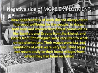 Negative side of MORE EMPLOYMENT.
New opportunities of work did not always mean
improved wellbeing for the people. In Assam,
both men and women from forest communities
like Santhals and Oraons from Jharkhand, and
Gonds from Chhattisgarh were recruited to work
on tea plantations. Their wages were low and
conditions of work were very bad. They could
not return easily to their home villages from
where they had been recruited.
 