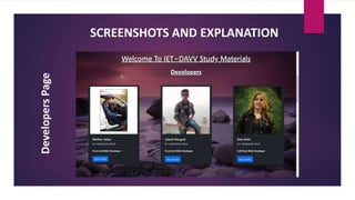 SCREENSHOTS AND EXPLANATION
Developers
Page
 