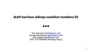 1
draft-harrison-sidrops-manifest-numbers-01
●●●
Tom Harrison (tomh@apnic.net)
George Michaelson (ggm@apnic.net)
Job Snijders (job@fastly.com)
IETF 119 SIDROPS Working Group
 