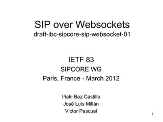 SIP over Websockets
draft-ibc-sipcore-sip-websocket-01



            IETF 83
          SIPCORE WG
   Paris, France - March 2012

         Iñaki Baz Castillo
          José Luis Millán
           Victor Pascual            1
 