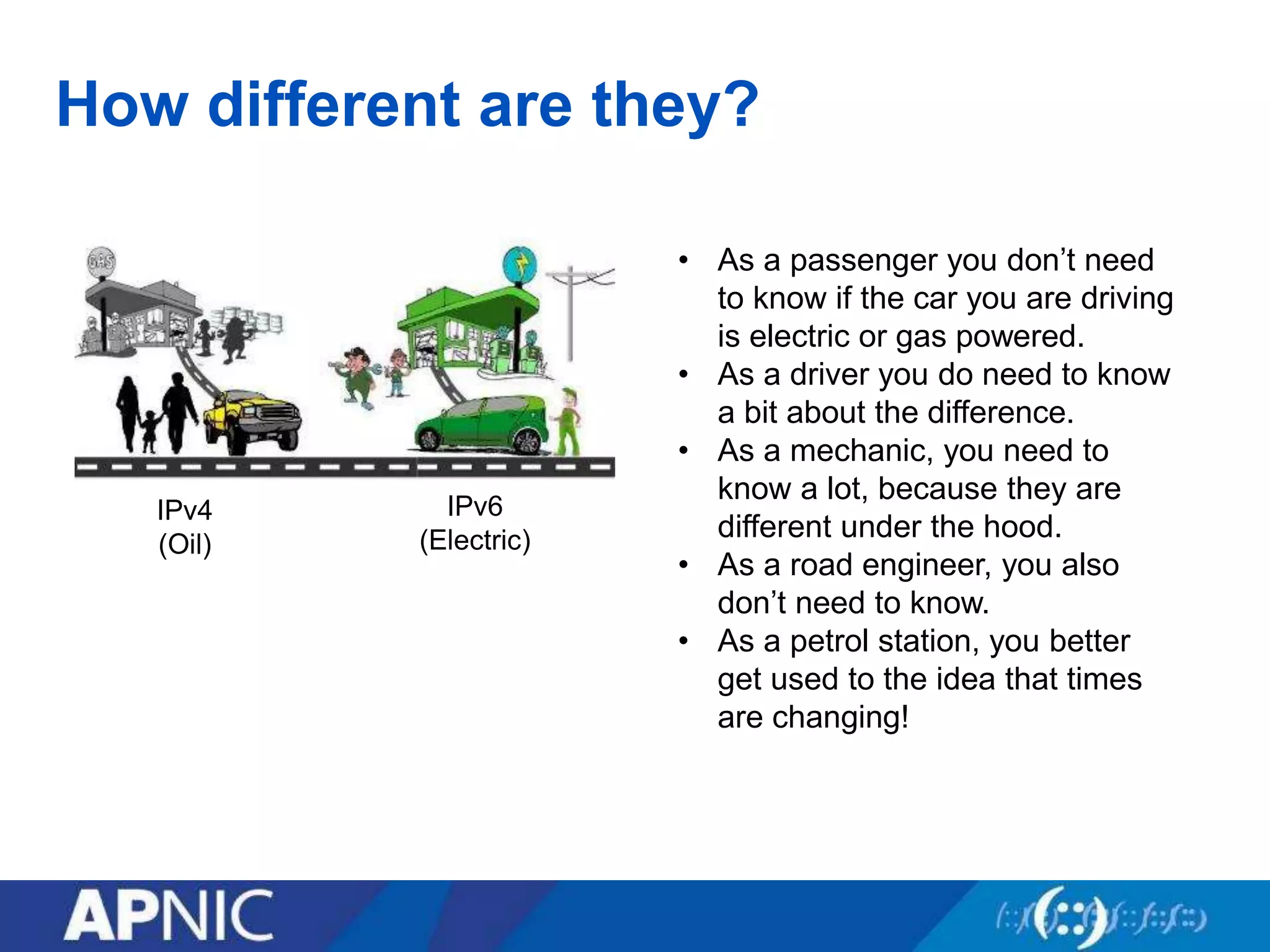 How different are they?
IPv4
(Oil)
IPv6
(Electric)
• As a passenger you don’t need
to know if the car you are driving
is electric or gas powered.
• As a driver you do need to know
a bit about the difference.
• As a mechanic, you need to
know a lot, because they are
different under the hood.
• As a road engineer, you also
don’t need to know.
• As a petrol station, you better
get used to the idea that times
are changing!
 