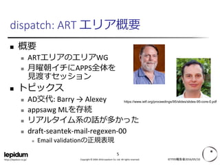 Copyright © 2004-2016 Lepidum Co. Ltd. All rights reserved.https://lepidum.co.jp/
dispatch: ART エリア概要
 概要
 ARTエリアのエリアWG
 月曜朝イチにAPPS全体を
見渡すセッション
 トピックス
 AD交代: Barry → Alexey
 appsawg MLを存続
 リアルタイム系の話が多かった
 draft-seantek-mail-regexen-00
 Email validationの正規表現
 議論は炎上、BCPではない、やるならInformationalで
https://www.ietf.org/proceedings/95/slides/slides-95-core-0.pdf
IETF95報告会2016/05/10
5
 
