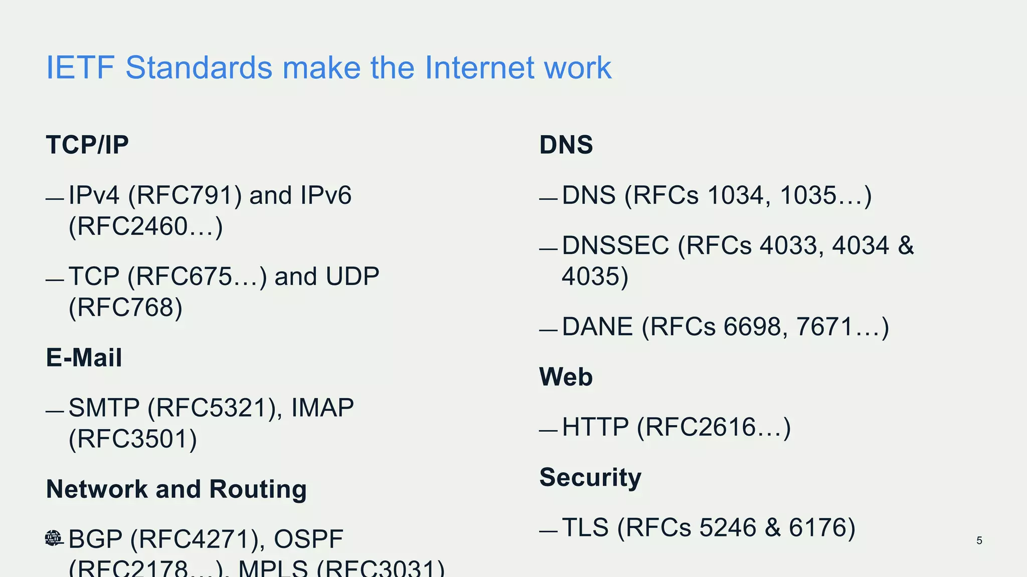 IETF Standards make the Internet work
TCP/IP
— IPv4 (RFC791) and IPv6
(RFC2460…)
— TCP (RFC675…) and UDP
(RFC768)
E-Mail
— SMTP (RFC5321), IMAP
(RFC3501)
Network and Routing
— BGP (RFC4271), OSPF 5
DNS
— DNS (RFCs 1034, 1035…)
— DNSSEC (RFCs 4033, 4034 &
4035)
— DANE (RFCs 6698, 7671…)
Web
— HTTP (RFC2616…)
Security
— TLS (RFCs 5246 & 6176)
 