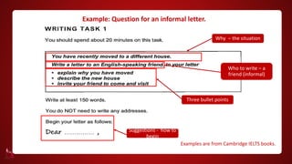 Why – the situation
Who to write – a
friend (informal)
Three bullet points
Examples are from Cambridge IELTS books.
Suggestions - how to
begin
Example: Question for an informal letter.
 