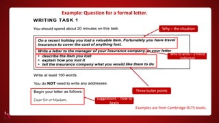 Why – the situation
Who to write – a friend
(informal)
Three bullet points
Examples are from Cambridge IELTS books.
Suggestions - how to
begin
Example: Question for a formal letter.
 