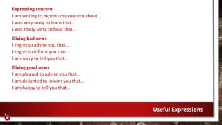 Expressing concern
I am writing to express my concern about…
I was very sorry to learn that…
I was really sorry to hear that…
Giving bad news
I regret to advise you that…
I regret to inform you that…
I am sorry to tell you that…
Giving good news
I am pleased to advise you that…
I am delighted to inform you that…
I am happy to tell you that…
Useful Expressions
 