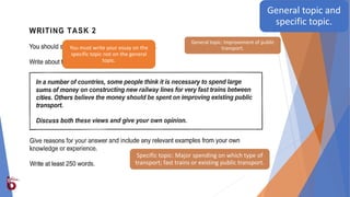 General topic: Improvement of public
transport.
Specific topic: Major spending on which type of
transport; fast trains or existing public transport.
You must write your essay on the
specific topic not on the general
topic.
General topic and
specific topic.
 