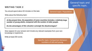General topic: Population.
Specific topic: Comparison between
numbers of old and young.
General topic and
specific topic.
 