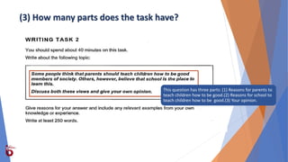 This question has three parts: (1) Reasons for parents to
teach children how to be good.(2) Reasons for school to
teach children how to be good.(3) Your opinion.
(3) How many parts does the task have?
 