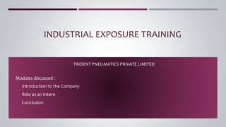 INDUSTRIAL EXPOSURE TRAINING
TRIDENT PNEUMATICS PRIVATE LIMITED
Modules discussed :
 Introduction to the Company
 Role as an Intern
 Conclusion
 