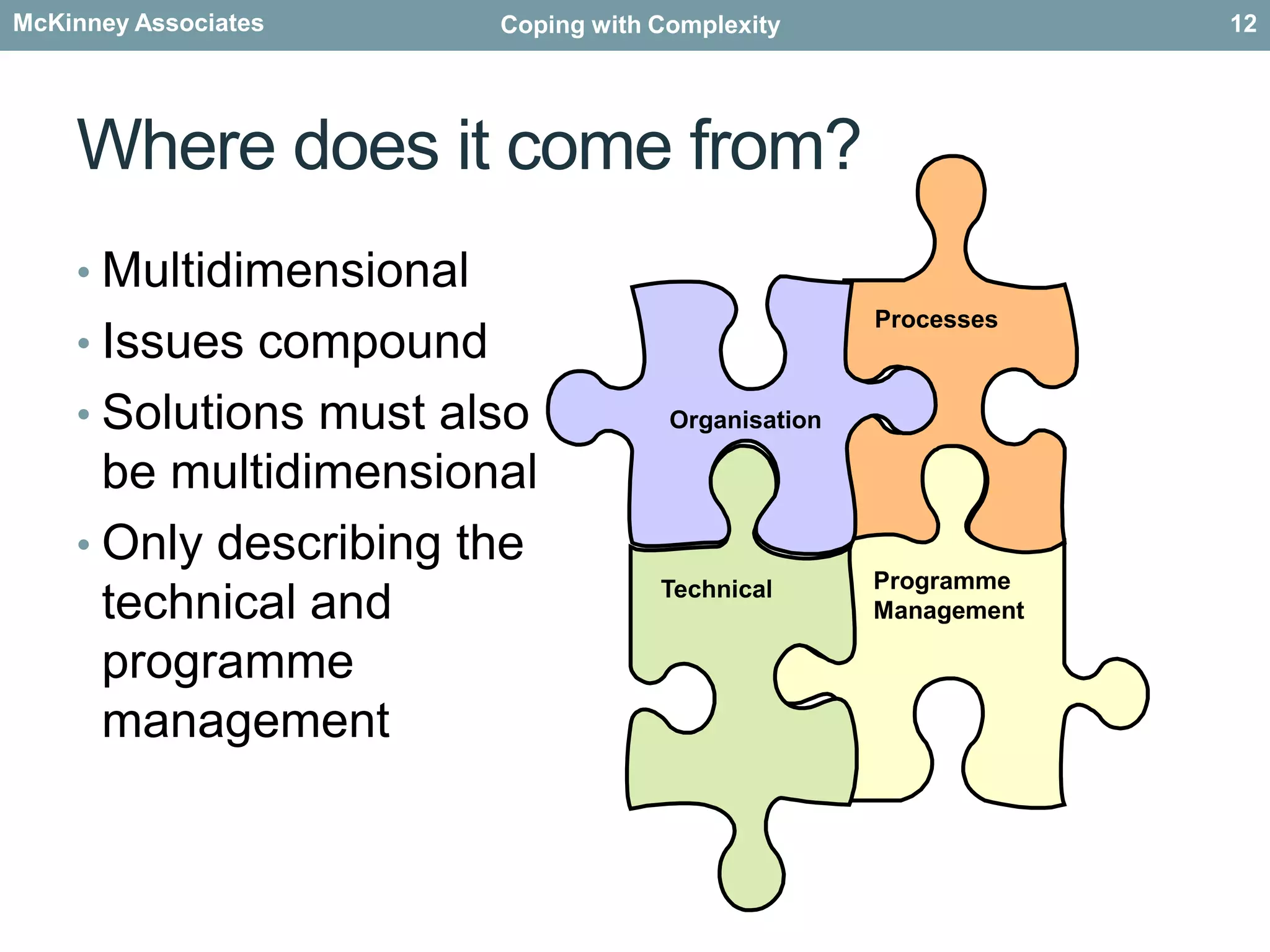 Where does it come from?ProcessesOrganisationProgramme ManagementTechnicalMultidimensionalIssues compoundSolutions must also be multidimensionalOnly describing the technical and programme management12