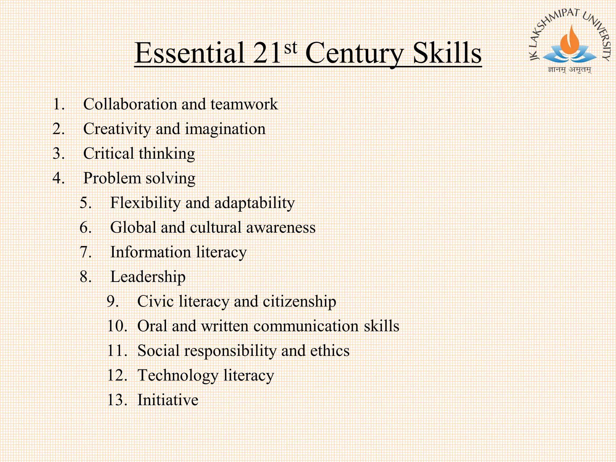 Essential 21st Century Skills
1. Collaboration and teamwork
2. Creativity and imagination
3. Critical thinking
4. Problem solving
5. Flexibility and adaptability
6. Global and cultural awareness
7. Information literacy
8. Leadership
9. Civic literacy and citizenship
10. Oral and written communication skills
11. Social responsibility and ethics
12. Technology literacy
13. Initiative
 