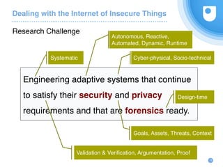 Dealing with the Internet of Insecure Things
Research Challenge
13
Engineering adaptive systems that continue
to satisfy t...