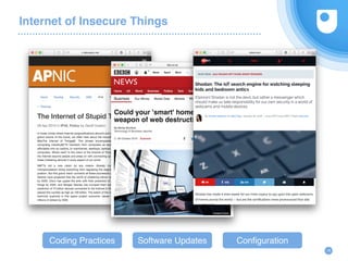 Internet of Insecure Things
16
Coding Practices Software Updates Configuration
 