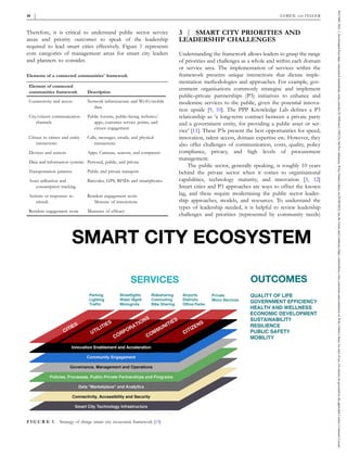 Therefore, it is critical to understand public sector service
areas and priority outcomes to speak of the leadership
required to lead smart cities effectively. Figure 1 represents
core categories of management areas for smart city leaders
and planners to consider.
Elements of a connected communities' framework
Element of connected
communities framework Description
Connectivity and access Network infrastructure and Wi‐Fi/mobile
data
City/citizen communication
channels
Public forums, public‐facing websites/
apps, customer service points, and
citizen engagement
Citizen to citizen and entity
interactions
Calls, messages, emails, and physical
interactions
Devices and sensors Apps, Cameras, sensors, and computers
Data and information systems Personal, public, and private
Transportation patterns Public and private transport
Asset utilisation and
consumption tracking
Barcodes, GPS, RFIDs and smartphones
Actions or responses to
stimuli
Resident engagement score
Measure of interactions
Resident engagement score Measures of efficacy
3 | SMART CITY PRIORITIES AND
LEADERSHIP CHALLENGES
Understanding the framework allows leaders to grasp the range
of priorities and challenges as a whole and within each domain
or service area. The implementation of services within the
framework presents unique interactions that dictate imple-
mentation methodologies and approaches. For example, gov-
ernment organisations commonly strategise and implement
public–private partnerships (P3) initiatives to enhance and
modernise services to the public, given the potential innova-
tion upside [9, 10]. The PPP Knowledge Lab defines a P3
relationship as ‘a long‐term contract between a private party
and a government entity, for providing a public asset or ser-
vice’ [11]. These P3s present the best opportunities for speed,
innovation, talent access, domain expertise etc. However, they
also offer challenges of communication, costs, quality, policy
compliance, privacy, and high levels of procurement
management.
The public sector, generally speaking, is roughly 10 years
behind the private sector when it comes to organisational
capabilities, technology maturity, and innovation [3, 12]
Smart cities and P3 approaches are ways to offset the known
lag, and these require modernising the public sector leader-
ship approaches, models, and resources. To understand the
types of leadership needed, it is helpful to review leadership
challenges and priorities (represented by community needs)
F I G U R E 1 Strategy of things smart city ecosystem framework [15]
48
- GURICK AND FELGER
26317680,
2022,
1,
Downloaded
from
https://ietresearch.onlinelibrary.wiley.com/doi/10.1049/smc2.12022
by
Nat
Prov
Indonesia,
Wiley
Online
Library
on
[03/09/2023].
See
the
Terms
and
Conditions
(https://onlinelibrary.wiley.com/terms-and-conditions)
on
Wiley
Online
Library
for
rules
of
use;
OA
articles
are
governed
by
the
applicable
Creative
Commons
License
 
