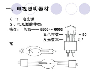 一、电视照明器材   （一） 电光源    2 、电光源的种类： 镝灯： 色温—— 5500 ～ 6000k 显色指数—— Ra80 ～ 90 发光效率—— 80 流明 / 瓦 