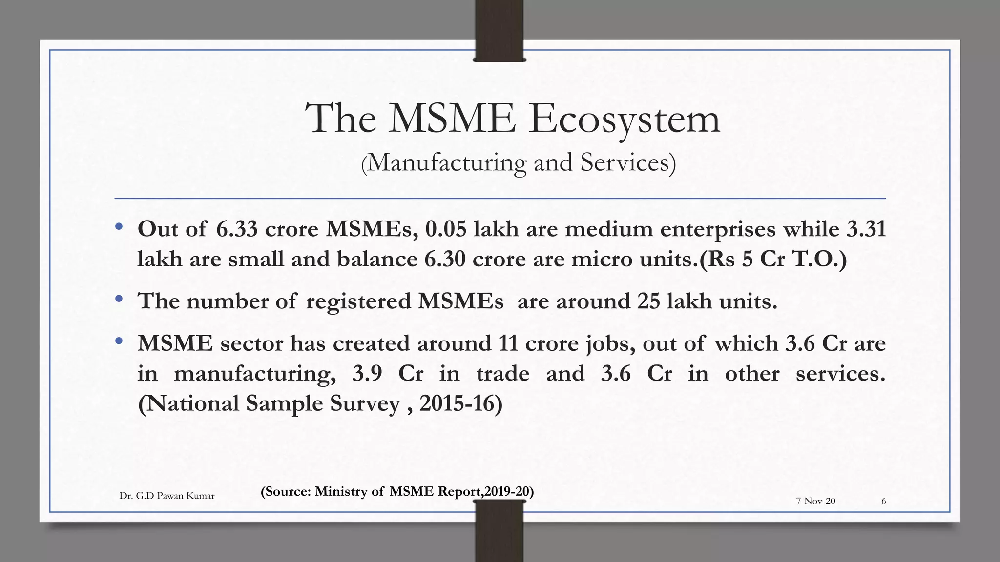 The MSME Ecosystem
(Manufacturing and Services)
• Out of 6.33 crore MSMEs, 0.05 lakh are medium enterprises while 3.31
lakh are small and balance 6.30 crore are micro units.(Rs 5 Cr T.O.)
• The number of registered MSMEs are around 25 lakh units.
• MSME sector has created around 11 crore jobs, out of which 3.6 Cr are
in manufacturing, 3.9 Cr in trade and 3.6 Cr in other services.
(National Sample Survey , 2015-16)
7-Nov-20
Dr. G.D Pawan Kumar
6
(Source: Ministry of MSME Report,2019-20)
 