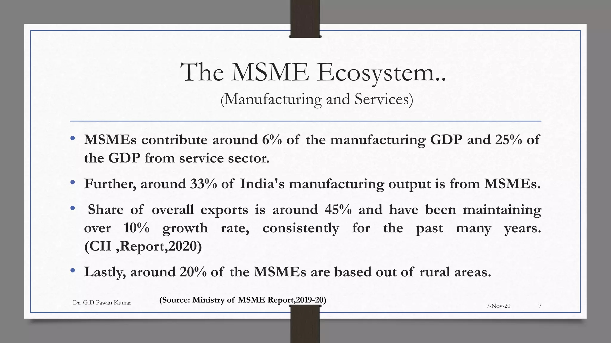 The MSME Ecosystem..
(Manufacturing and Services)
• MSMEs contribute around 6% of the manufacturing GDP and 25% of
the GDP from service sector.
• Further, around 33% of India's manufacturing output is from MSMEs.
• Share of overall exports is around 45% and have been maintaining
over 10% growth rate, consistently for the past many years.
(CII ,Report,2020)
• Lastly, around 20% of the MSMEs are based out of rural areas.
7-Nov-20
Dr. G.D Pawan Kumar
7
(Source: Ministry of MSME Report,2019-20)
 