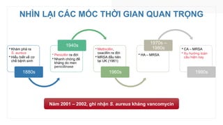 NHÌN LẠI CÁC MỐC THỜI GIAN QUAN TRỌNG
• Khám phá ra
S. aureus
• Hiểu biết về cơ
chế bệnh sinh
1880s
• Penicillin ra đời
• Nhanh chóng đề
kháng do men
penicillinase
1940s
• Methicillin,
oxacillin ra đời
• MRSA đầu tiên
tại UK (1961)
1960s
• HA – MRSA
1970s –
1980s • CA – MRSA
• Xu hướng toàn
cầu hiện nay
1990s
Năm 2001 – 2002, ghi nhận S. aureus kháng vancomycin
 