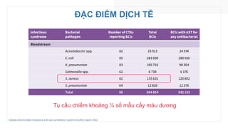 ĐẶC ĐIỂM DỊCH TỄ
Global antimicrobial resistance and use surveillance system (GLASS) report 2022
Tụ cầu chiếm khoảng ¼ số mẫu cấy máu dương
 
