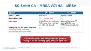 SO SÁNH CA – MRSA VỚI HA – MRSA
Đặc tính CA – MRSA HA – MRSA
Gen SCCmec Type IV, V Type I, II và III
Gen mã hóa PVL (+++): độc lực cao (+)
Lâm sàng Nhiễm trùng da – mô mềm
(viêm nang lông, nhọt, áp
xe, viêm mô tế bào)
Viêm nội tâm mạc NT
Viêm phổi thở máy
NTH liên quan catheter
Kháng với các KS non – β lactam
(aminoglycoside, macrolide,
lincosamide, fluoroquinolone)
(+) (+++)
Kateete DP, Bwanga F, Seni J, et al. CA-MRSA and HA-MRSA coexist in community and hospital settings in Uganda. Antimicrob Resist Infect Control. 2019;8:94. Published 2019 Jun 3.
doi:10.1186/s13756-019-0551-1
Có sự tuần hoàn, dịch chuyển qua lại giữa các
chủng vi khuẩn từ trong cộng đồng và bệnh viện
 
