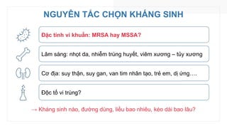 NGUYÊN TẮC CHỌN KHÁNG SINH
Đặc tính vi khuẩn: MRSA hay MSSA?
Lâm sàng: nhọt da, nhiễm trùng huyết, viêm xương – tủy xương
Cơ địa: suy thận, suy gan, van tim nhân tạo, trẻ em, dị ứng….
Độc tố vi trùng?
→ Kháng sinh nào, đường dùng, liều bao nhiêu, kéo dài bao lâu?
 