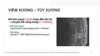 VIÊM XƯƠNG – TỦY XƯƠNG
KS tĩnh mạch 2 tuần hoặc đến khi ổn
→ chuyển KS uống trong 3 – 6 tháng
• KS tĩnh mạch:
(vancomycin hoặc daptomycin) + rifampin
• KS uống:
rifampin + TMP-SMX/linezolid/clindamycin
33
Urish KL, Cassat JE2020.Staphylococcus aureus Osteomyelitis: Bone, Bugs, and Surgery. Infect Immun88:10.1128/iai.00932-19.https://doi.org/10.1128/iai.00932-19
 