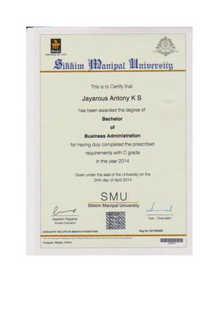 BBA Certificate - Sikkim Manipal University