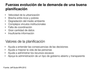 •  Velocidad de la urbanización
•  Brecha entre ricos y pobres
•  Degradación del medio ambiente
•  Complejos vínculos institucionales
•  Falta de coordinación
•  Gran cantidad de datos 
•  Insuﬁciente información
Fuente: Jeff Soule APA 2012
•  Ayuda a entender las consecuencias de las decisiones
•  Ayuda a mejorar la vida de las personas
•  Ayuda a administrar los recursos escasos
•  Apoya la administración de un tipo de gobierno abierto y transparente
Valores de la planiﬁcación
Fuerzas evolución de la demanda de una buena
planiﬁcación
 