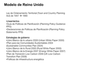 Ley de Ordenamiento Territorial (Town and Country Planning
Act) de 1947 à 1990

Lineamientos
• Guía de Políticas de Planiﬁcación (Planning Policy Guidance
PPG)
• Declaraciones de Políticas de Planiﬁcación (Planning Policy
Statements PPS)

Estrategias de gobierno
• Libro Blanco de lo urbano 2000 (Urban White Paper 2000)
• Plan para las Comunidades Sustentables 2004
(Sustainable Communities Plan 2004)
• Libro Blanco de lo Rural 2000 (Rural White Paper 2000)
• Libro Blanco de la Energía 2007 (Energy White Paper 2007)
• Plan de Transición Low Carbon 2009 (UK Low Carbon
Transition Plan 2009)
• Políticas de infraestructura energética
Modelo de Reino Unido
 